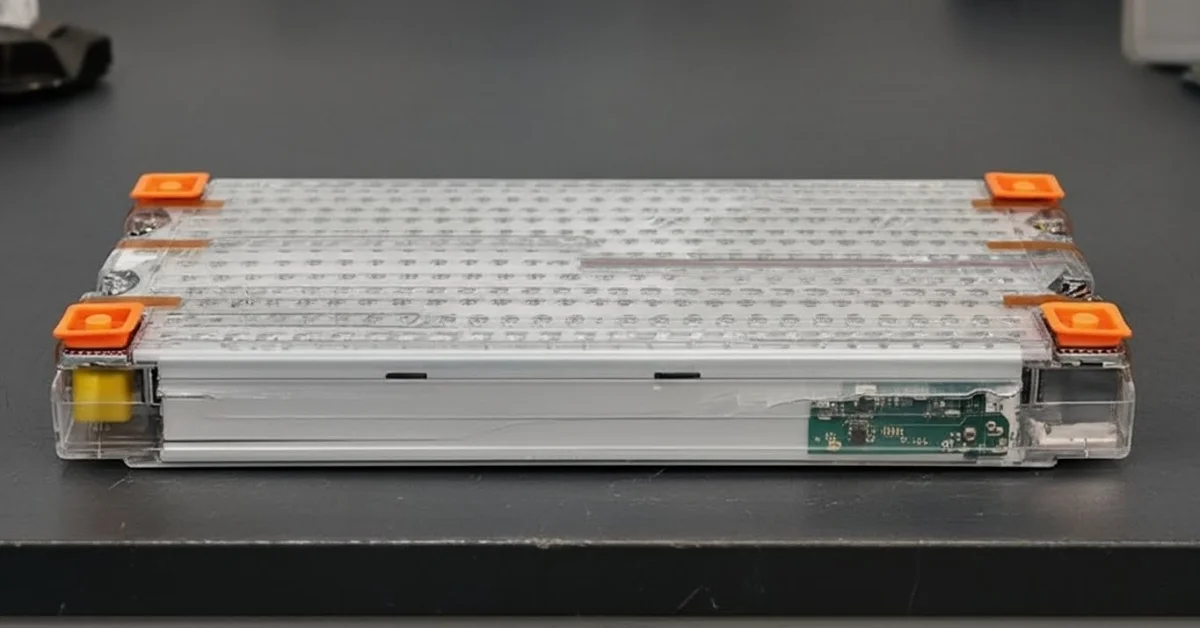 Lithium-ion battery module from an electric car on a workshop bench