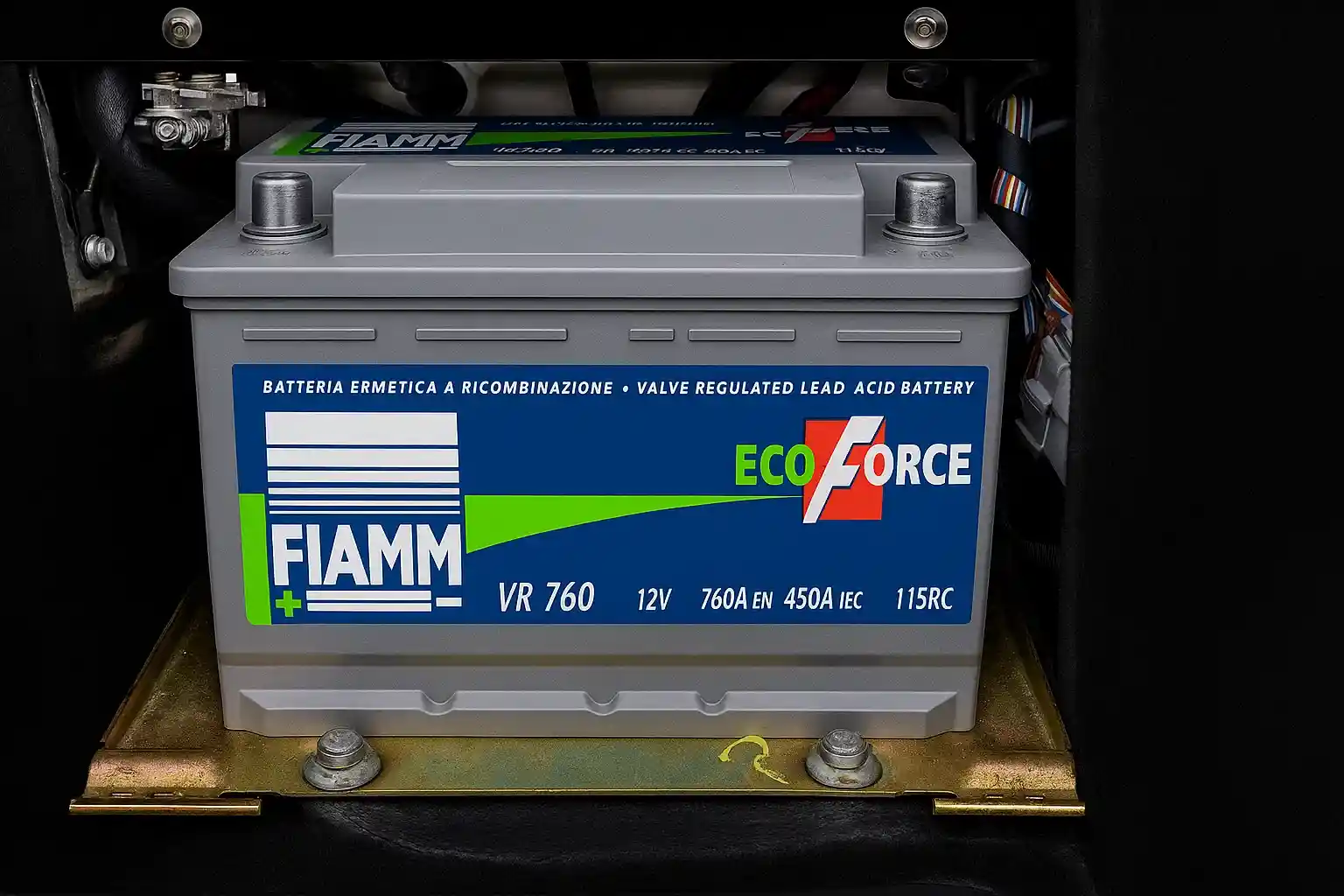 Fiamm ecoFORCE VR 760 battery seated in a car's battery tray