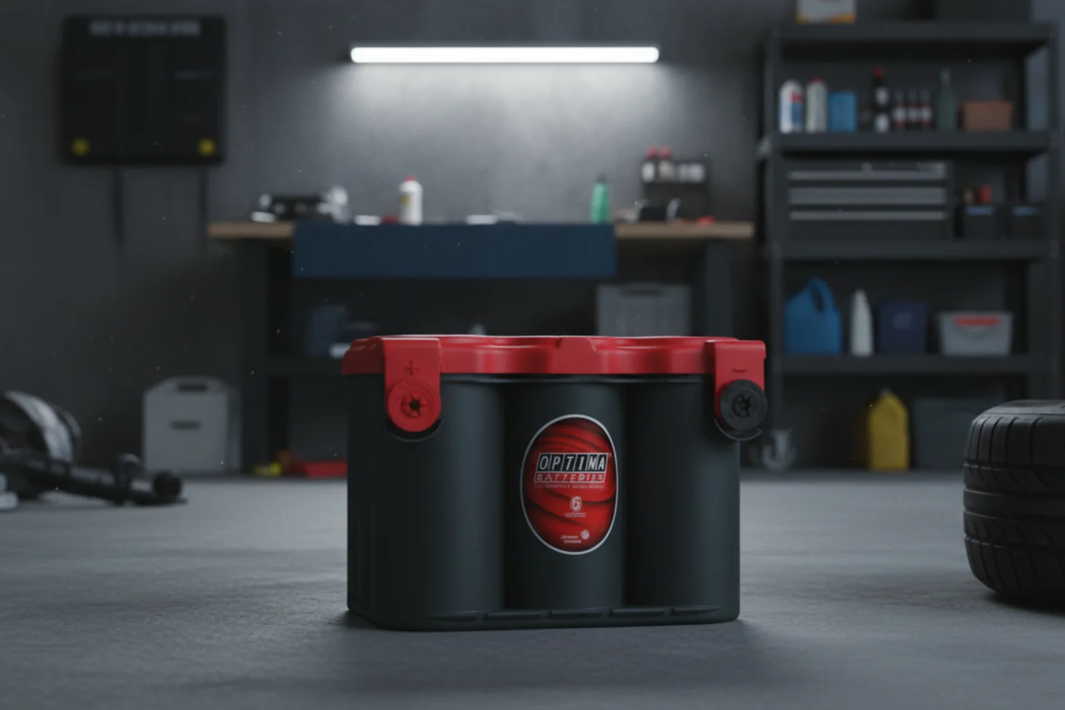 Optima RedTop battery with its spiral-cell case standing on a workshop floor