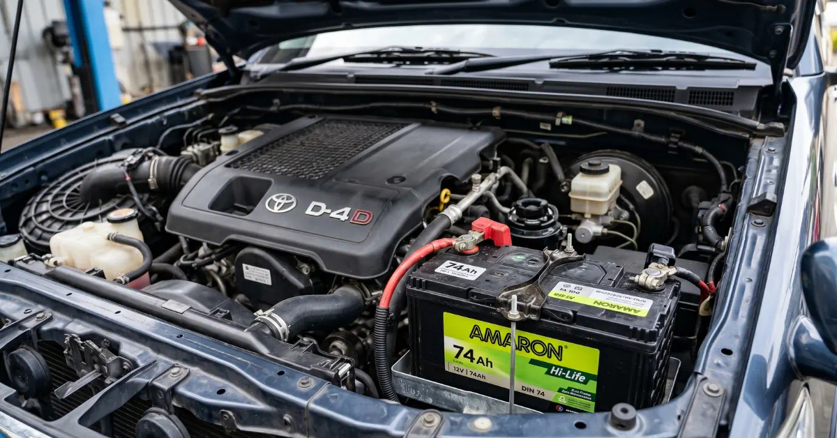 Amaron Hi Life 74Ah battery fitted in a Toyota diesel engine bay