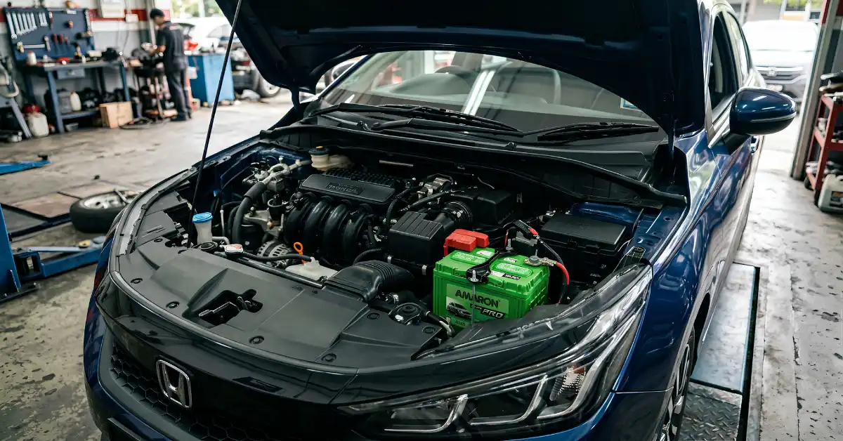 Dark blue Honda in a workshop with an Amaron battery under the bonnet