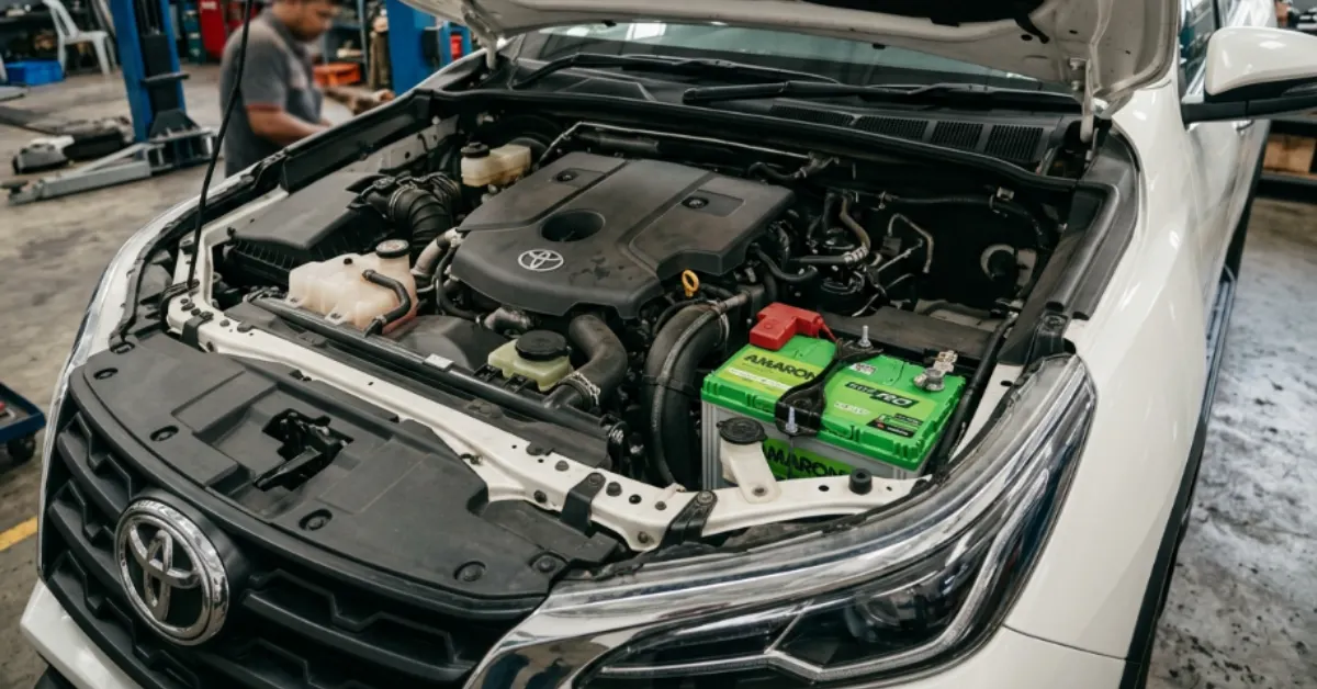 White Toyota Fortuner in a workshop with an Amaron battery under the bonnet