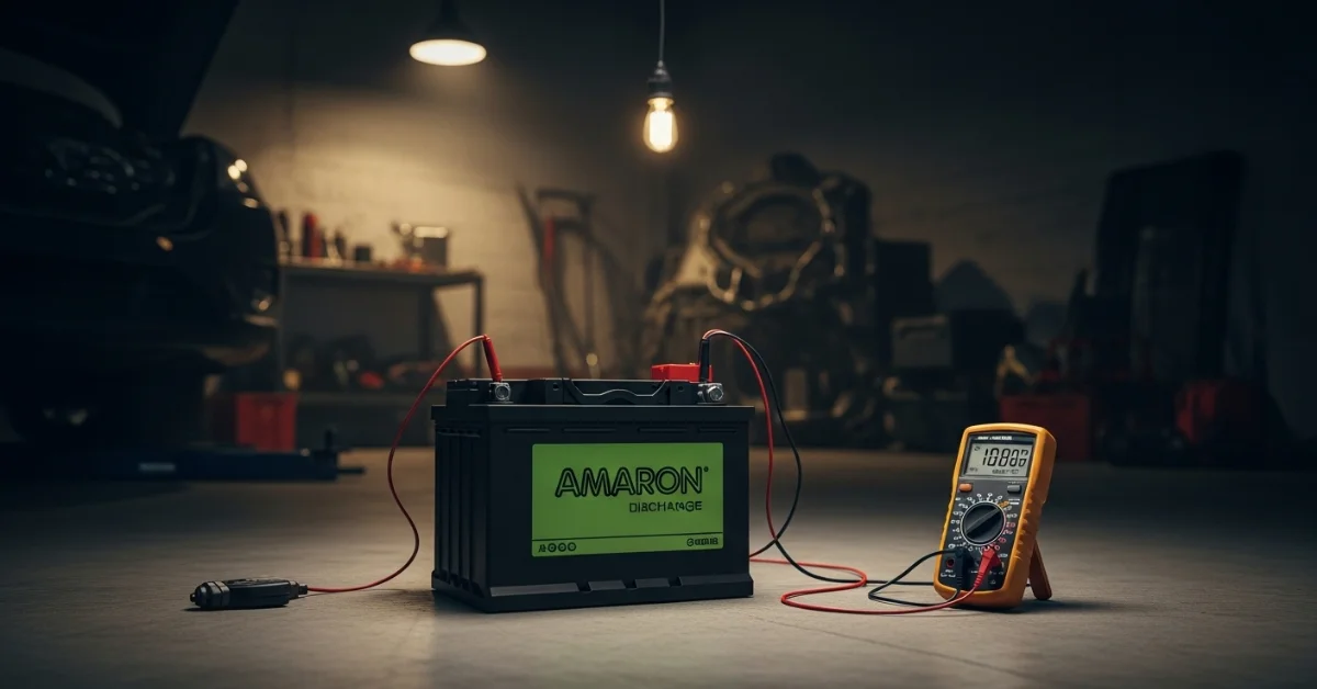 An Amaron battery on a garage floor wired to a digital multimeter