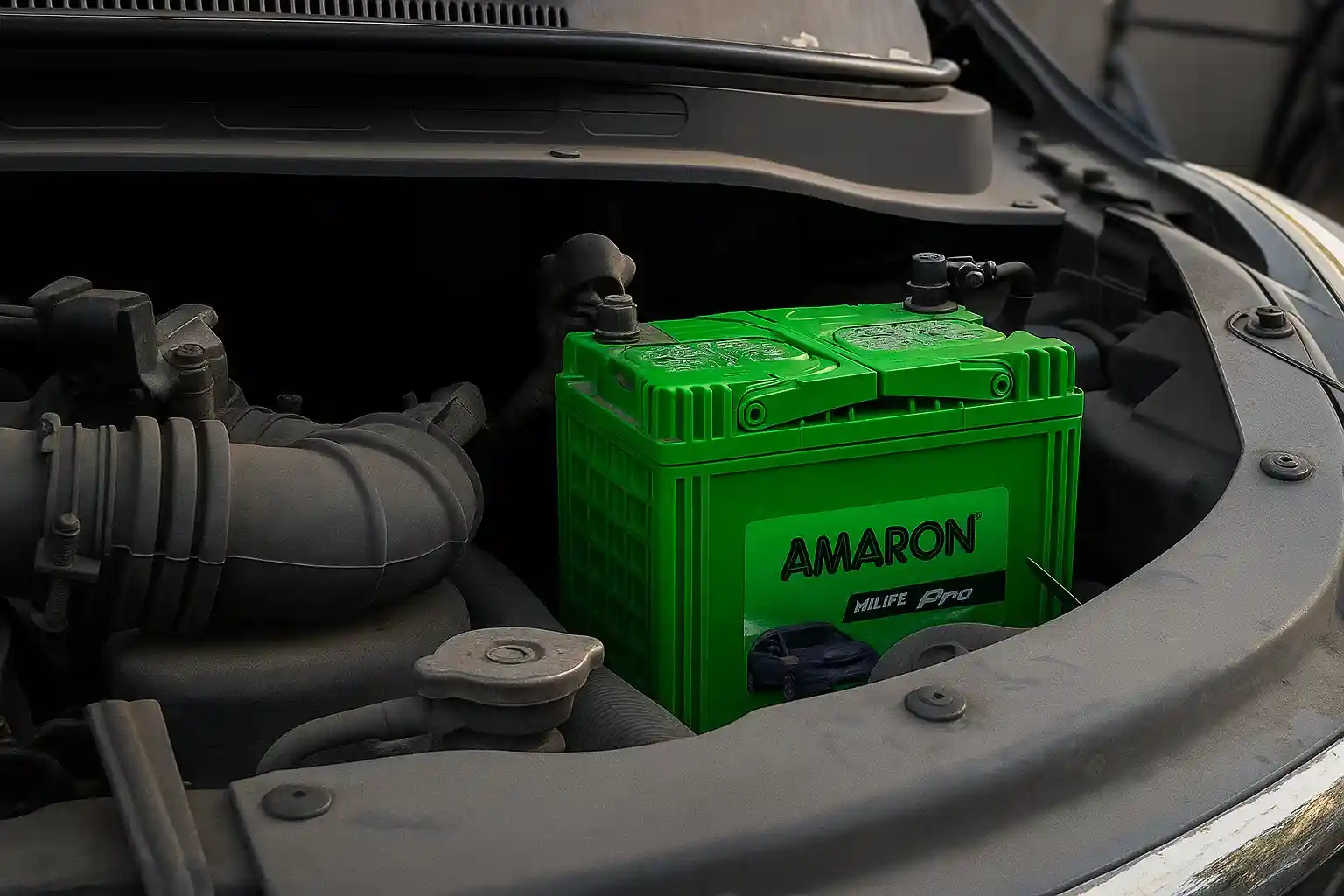 A green Amaron battery fitted in a car's engine bay