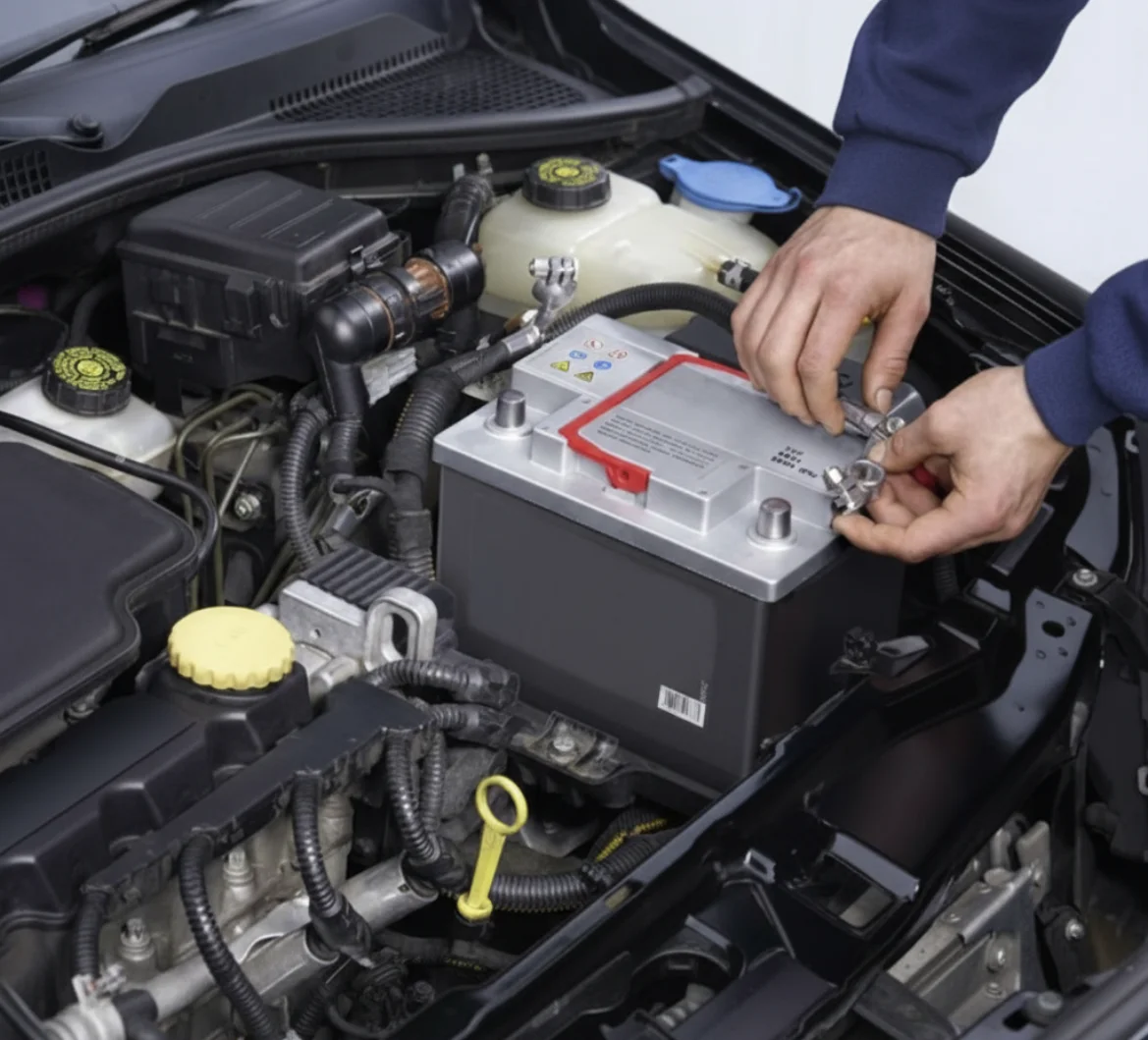Hands connecting the terminal of a silver battery with a red stripe under the bonnet