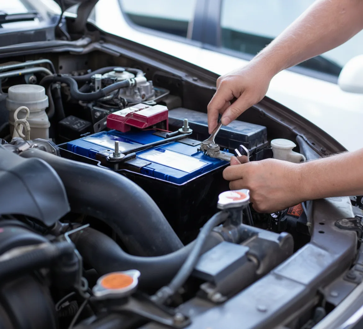 Hands loosening a terminal on a blue-topped battery with a small spanner