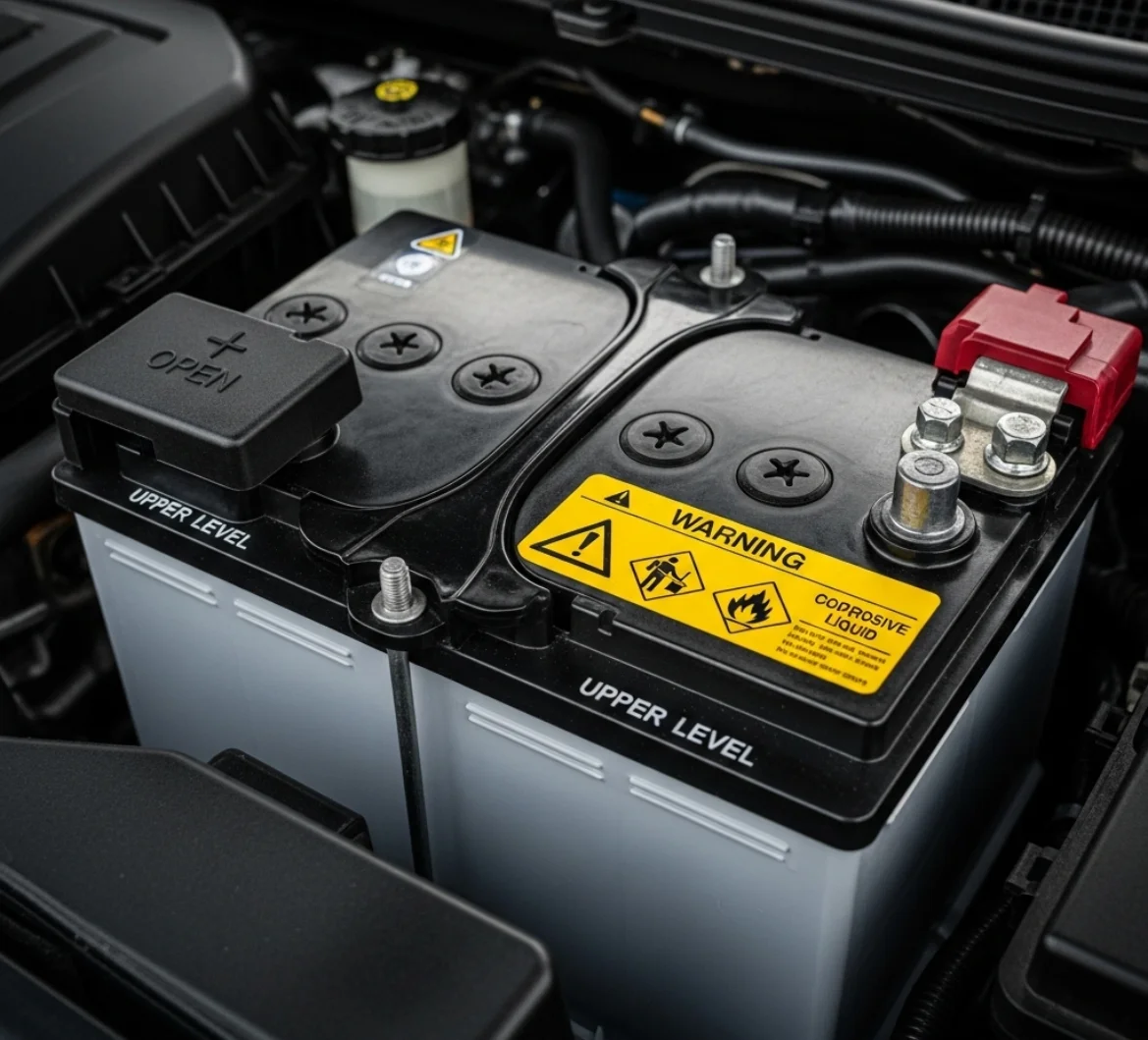 Close-up of a car battery with a corrosive liquid warning label