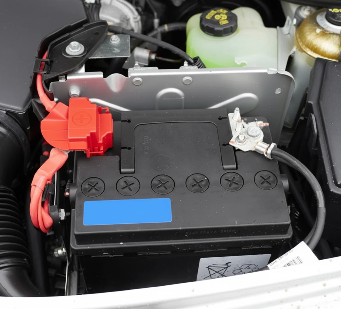 Battery with a red positive terminal cover fitted in an engine bay