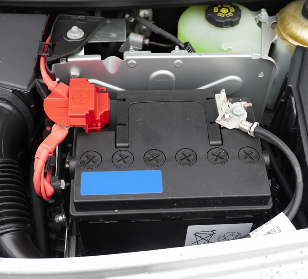 Black car battery in its tray with the terminal cover and clamps in place