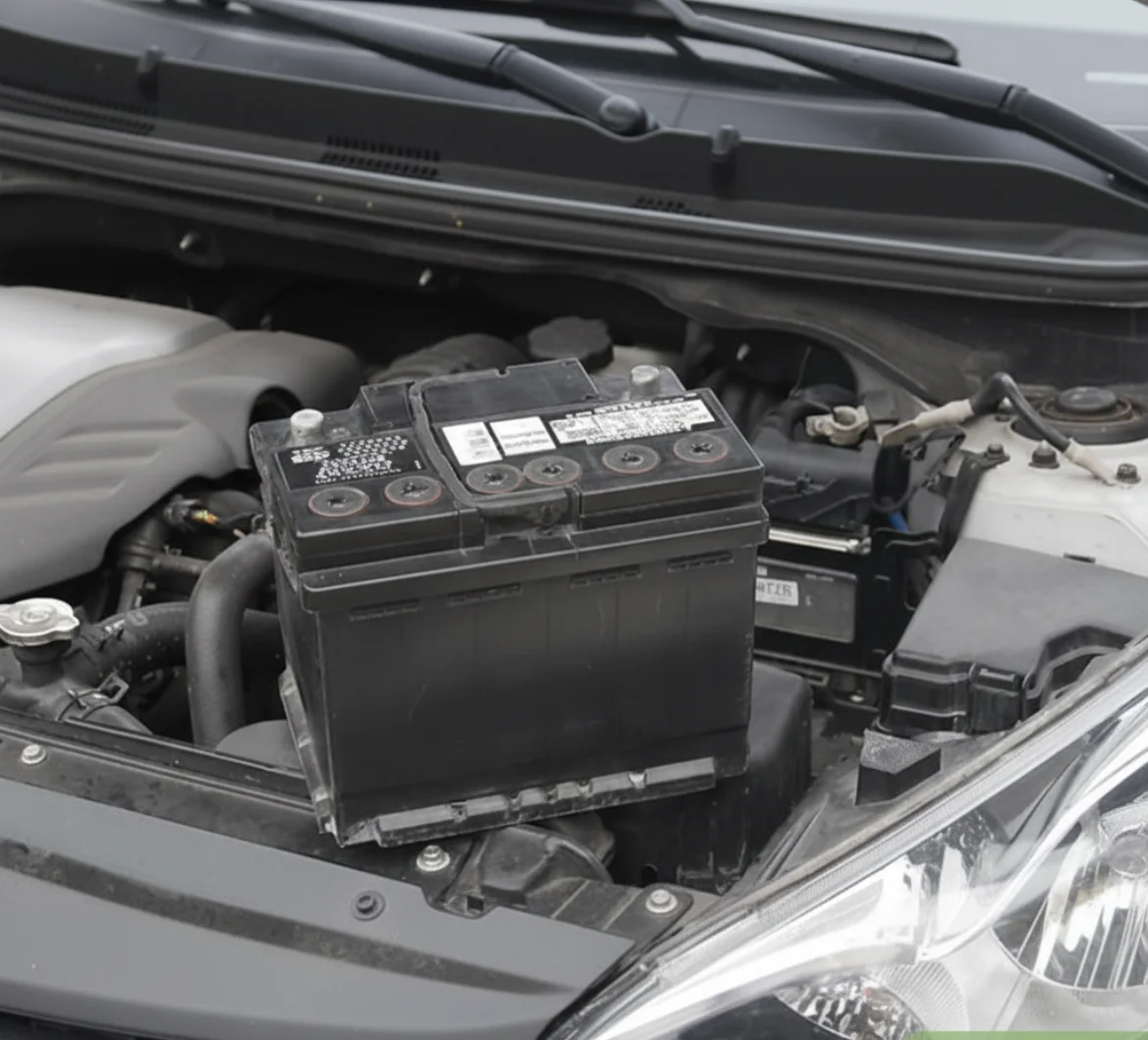 A plain black battery sitting in its tray under an open bonnet