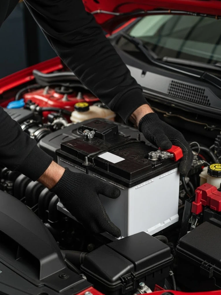 Black-gloved hands fitting a white-cased battery in the engine bay of a red car