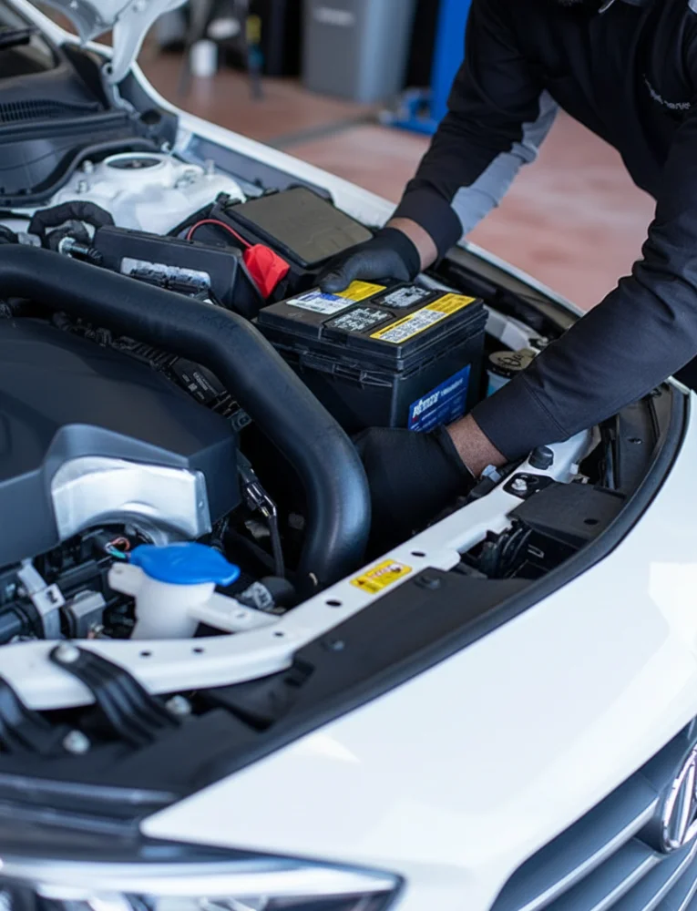 Technician in black gloves working on the battery of a white car in a workshop