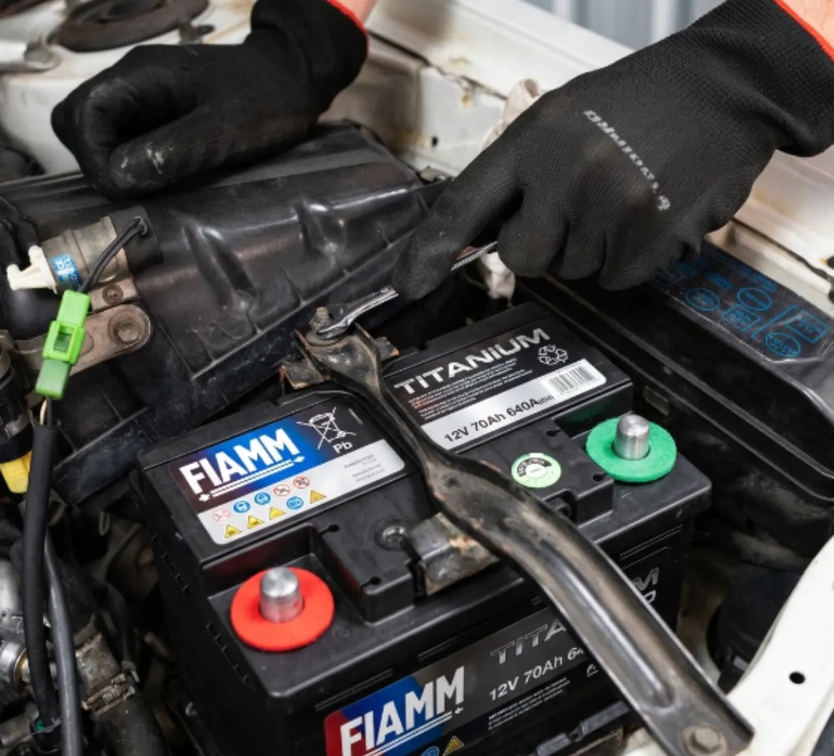 Gloved hands fastening a Fiamm Titanium battery into an engine bay