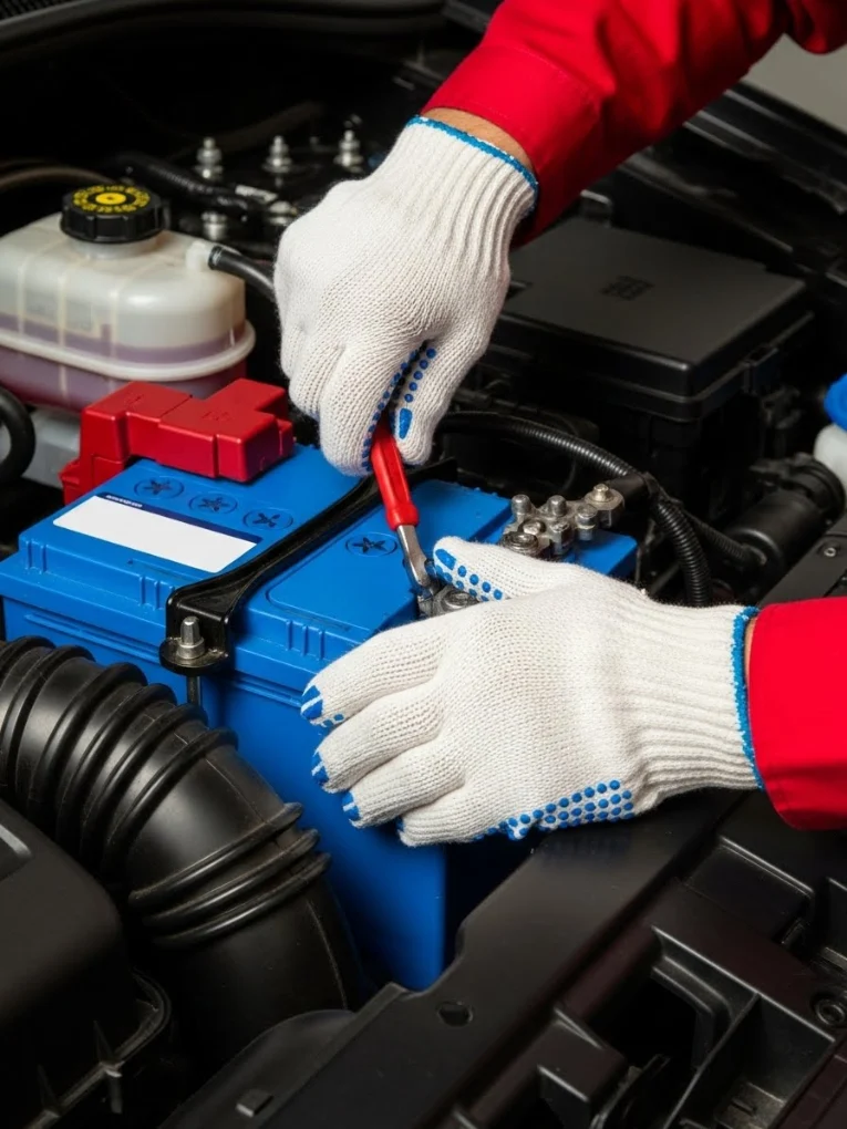 Gloved hands loosening a terminal clamp on a blue battery with a red-handled tool