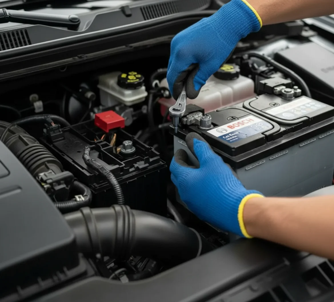 Blue-gloved hands tightening the terminal of a Bosch battery