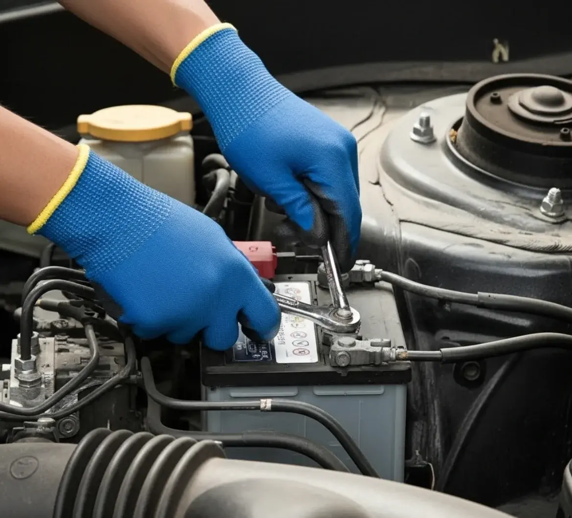 Blue-gloved hands loosening a battery terminal with a spanner