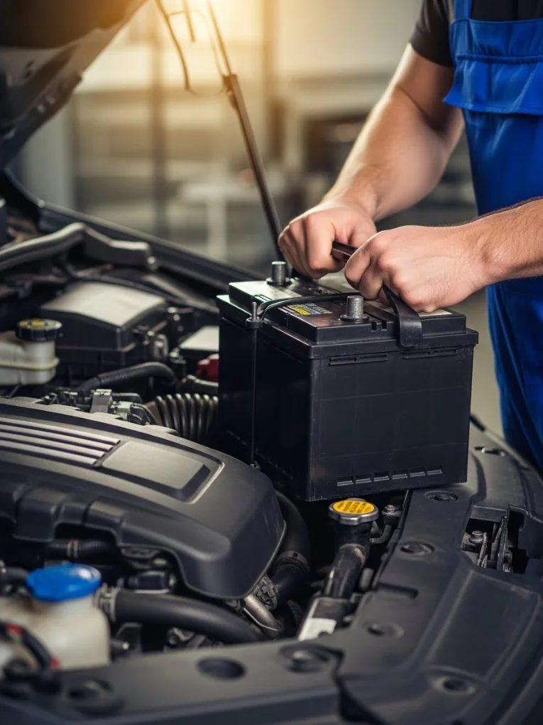 Technician lowering a black battery into an engine bay