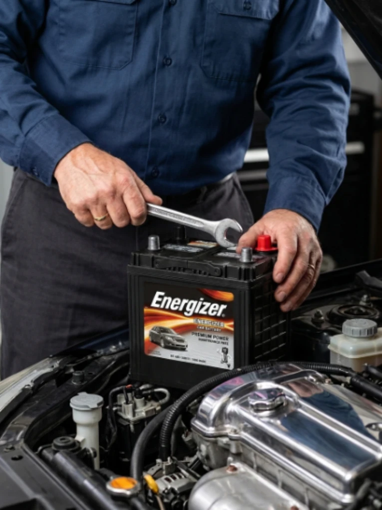 A technician in a blue shirt tightening a battery terminal with a spanner
