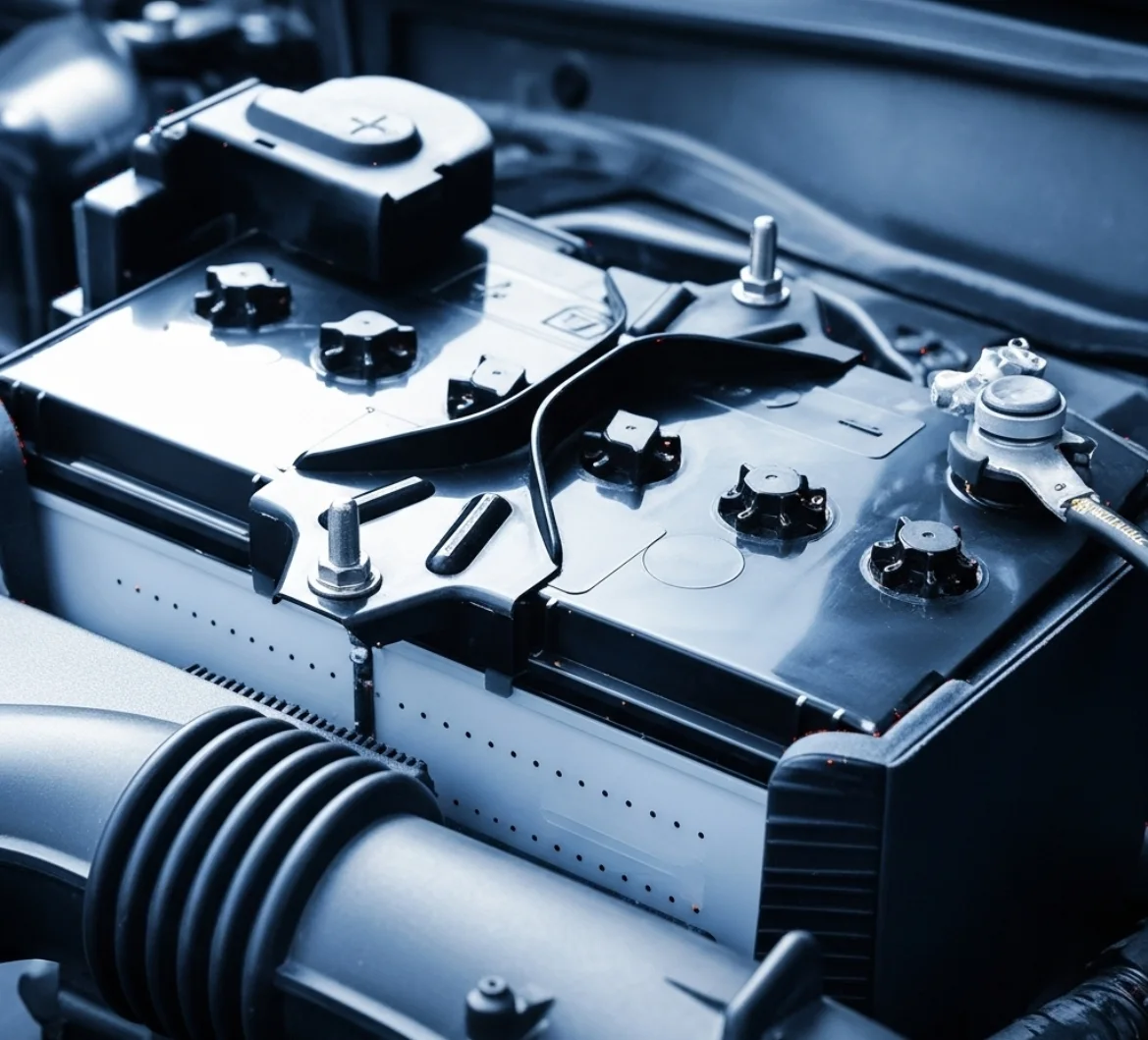 Close-up of a black maintenance-free battery with a cable clamped to its terminal