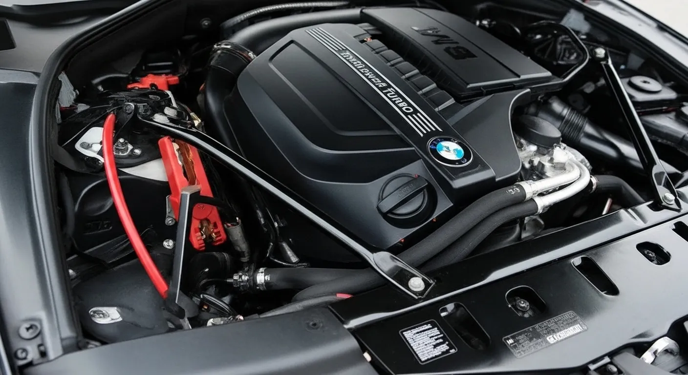 BMW engine bay with red jump lead clamps on its charging posts