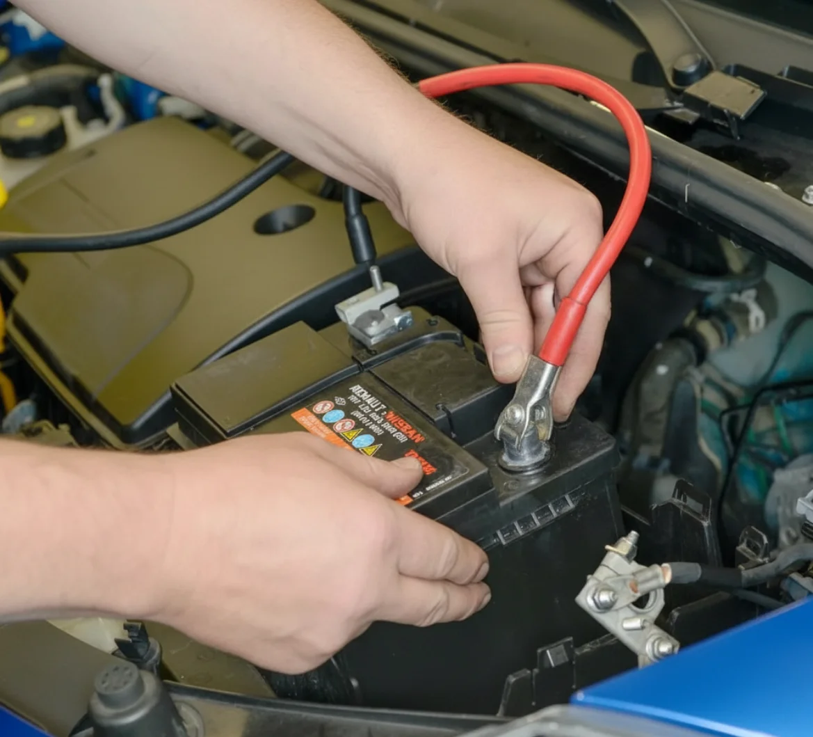 Hands fastening a red cable to a car battery's terminal under the bonnet