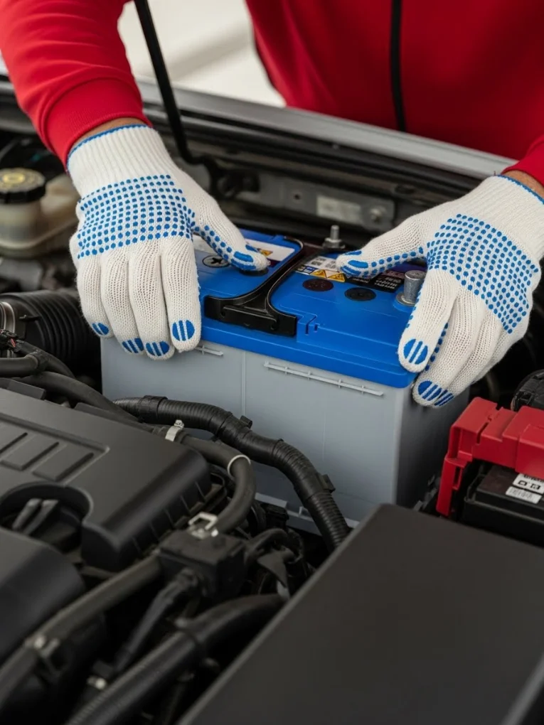 Gloved hands settling a blue-topped battery into the engine bay of a car