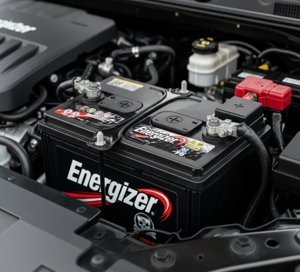 Energizer battery fitted in an engine bay with its terminals connected