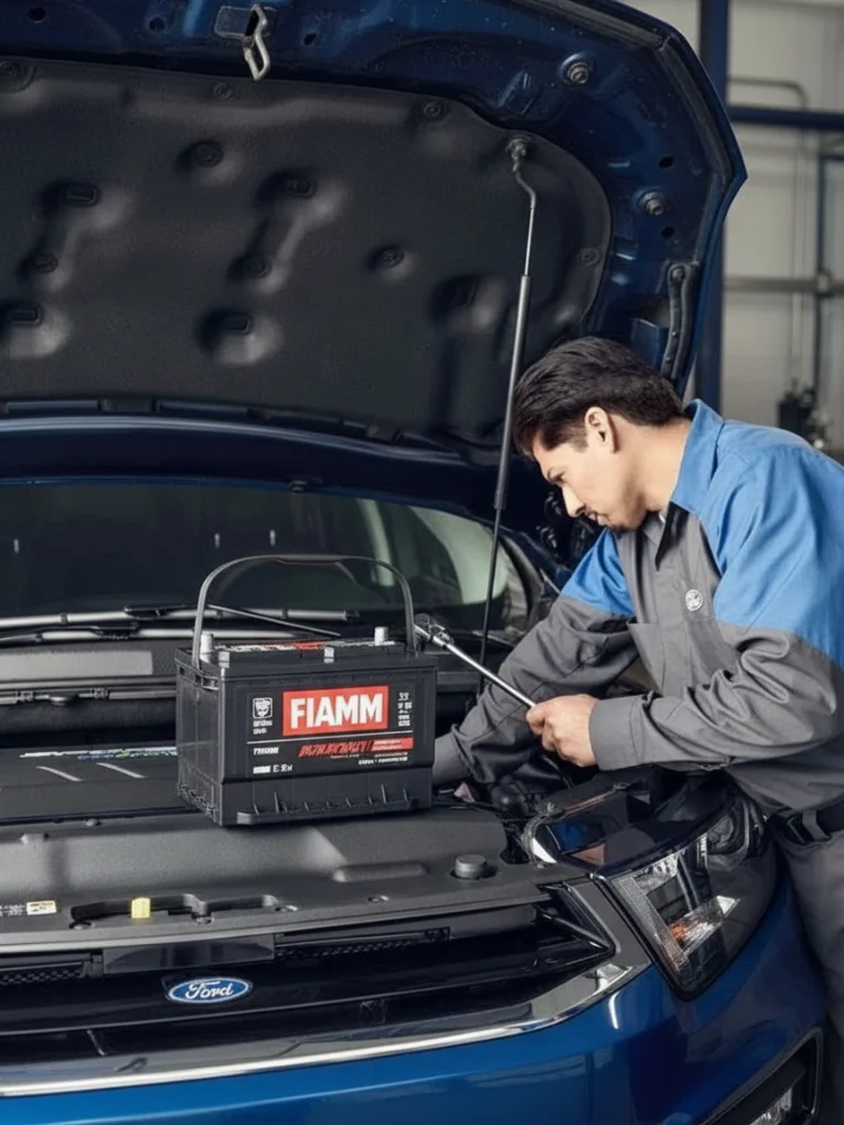 A technician checking a Fiamm battery at the open bonnet of a blue Ford