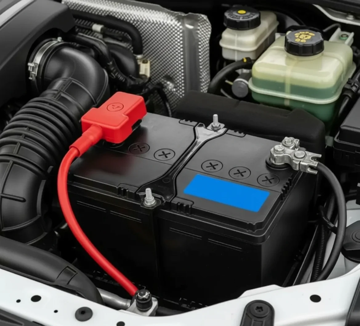 New car battery fitted under its hold-down bar