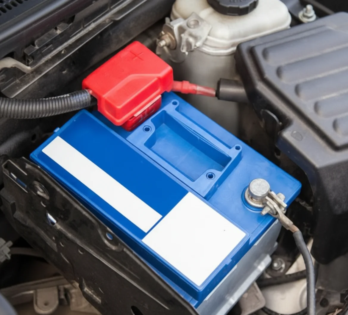 A blue battery with a red cover on its positive terminal, fitted in an engine bay