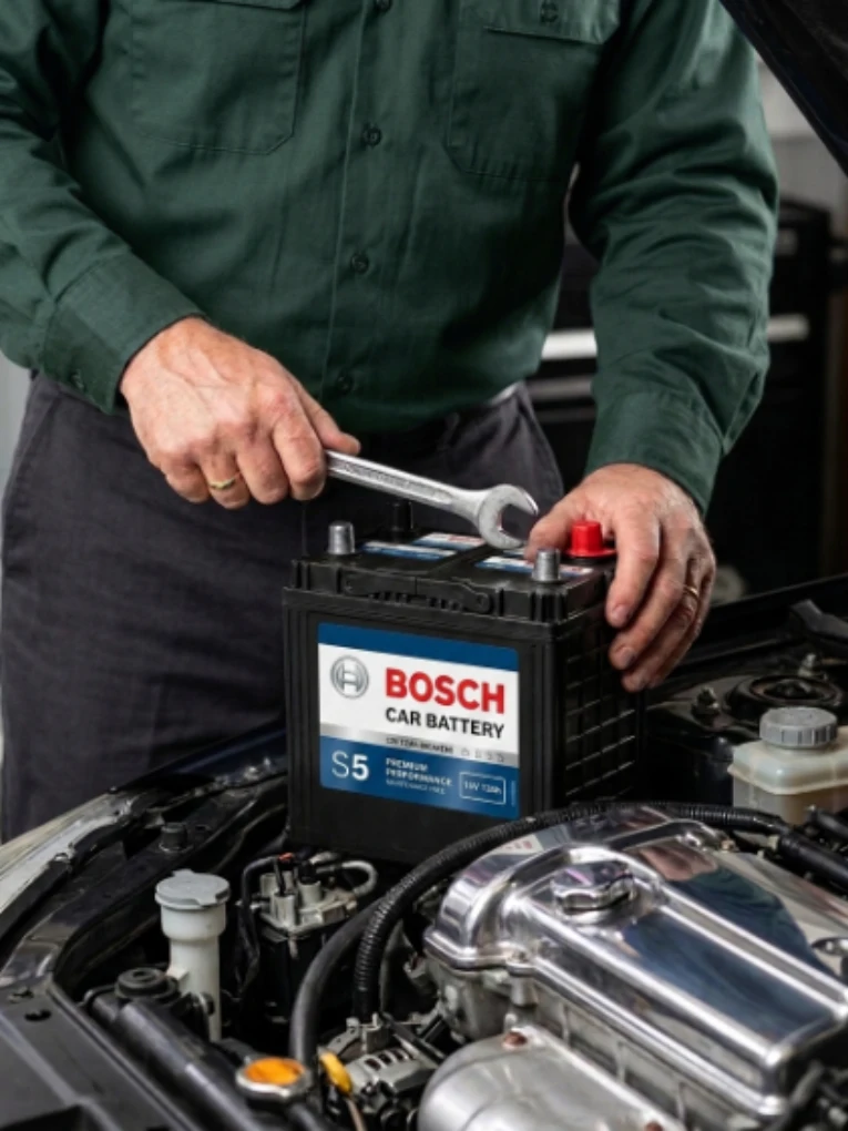 A technician tightening the terminal of a Bosch S5 battery with a spanner