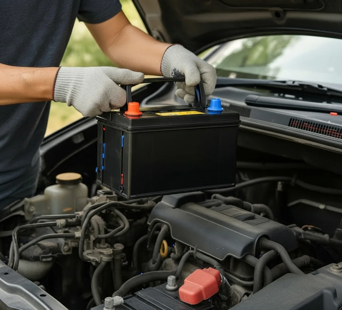 A technician in grey gloves lifting a black battery out of an engine bay