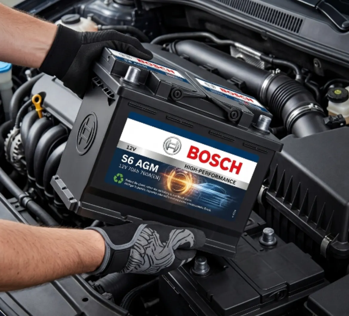Gloved hands holding a Bosch S6 AGM battery over an engine