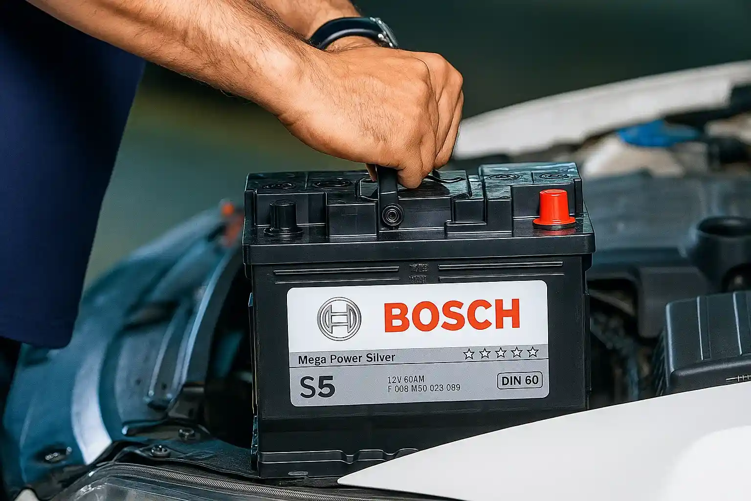 Hand gripping the handle of a Bosch S5 battery in an engine bay