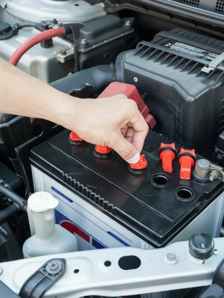 Hand lifting the red filler caps off a battery's cells