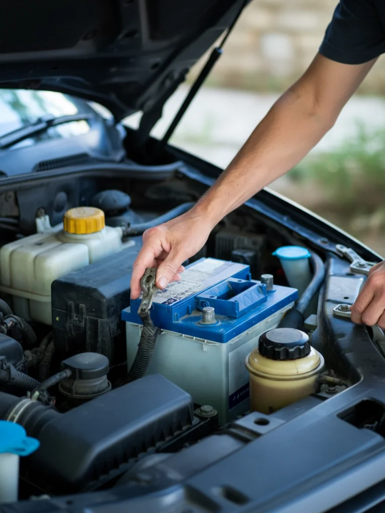 Technician's hand on a blue-topped battery under a raised bonnet