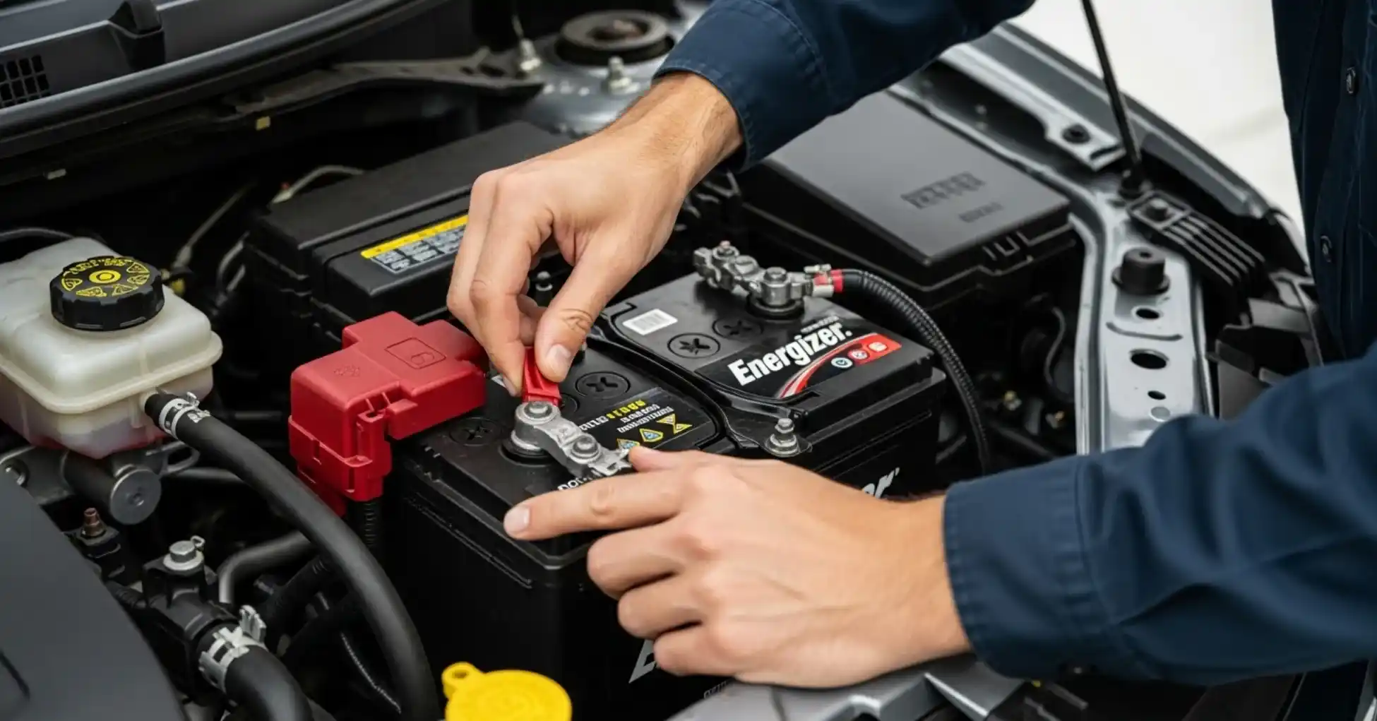 فني يشدّ قطب بطارية Energizer داخل حجرة المحرك