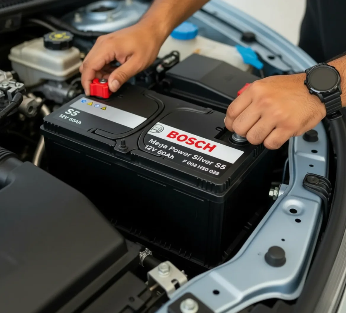 Hands fitting the red terminal cover on a Bosch S5 battery in an engine bay