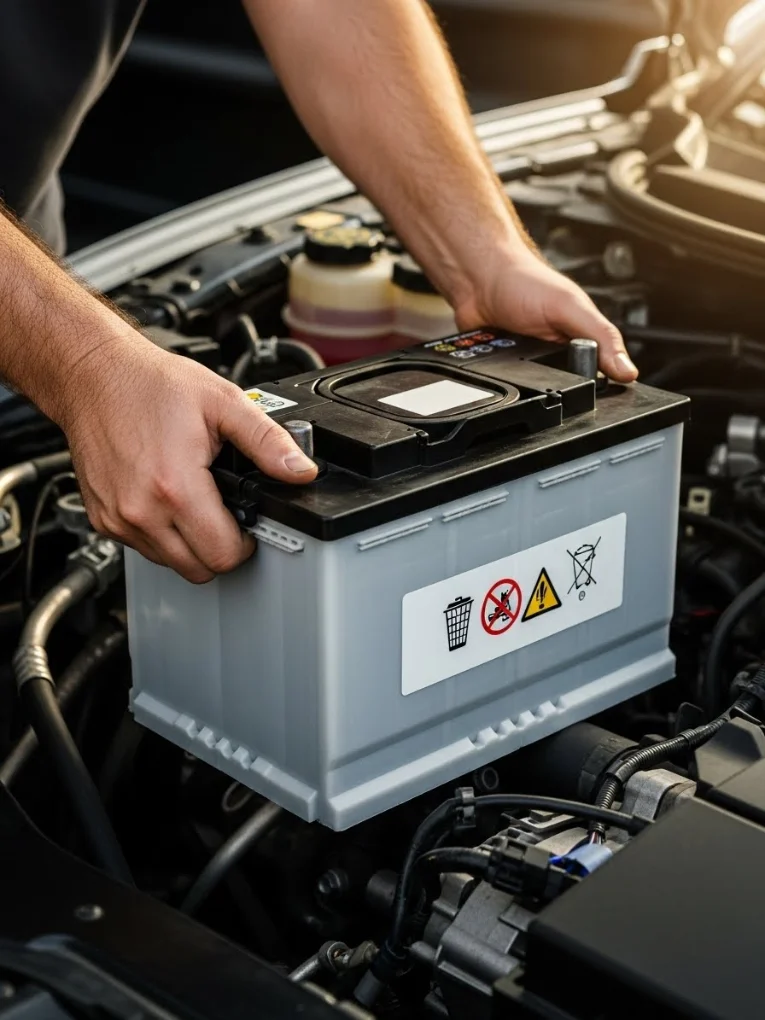 Technician setting a grey car battery with safety symbols into its tray