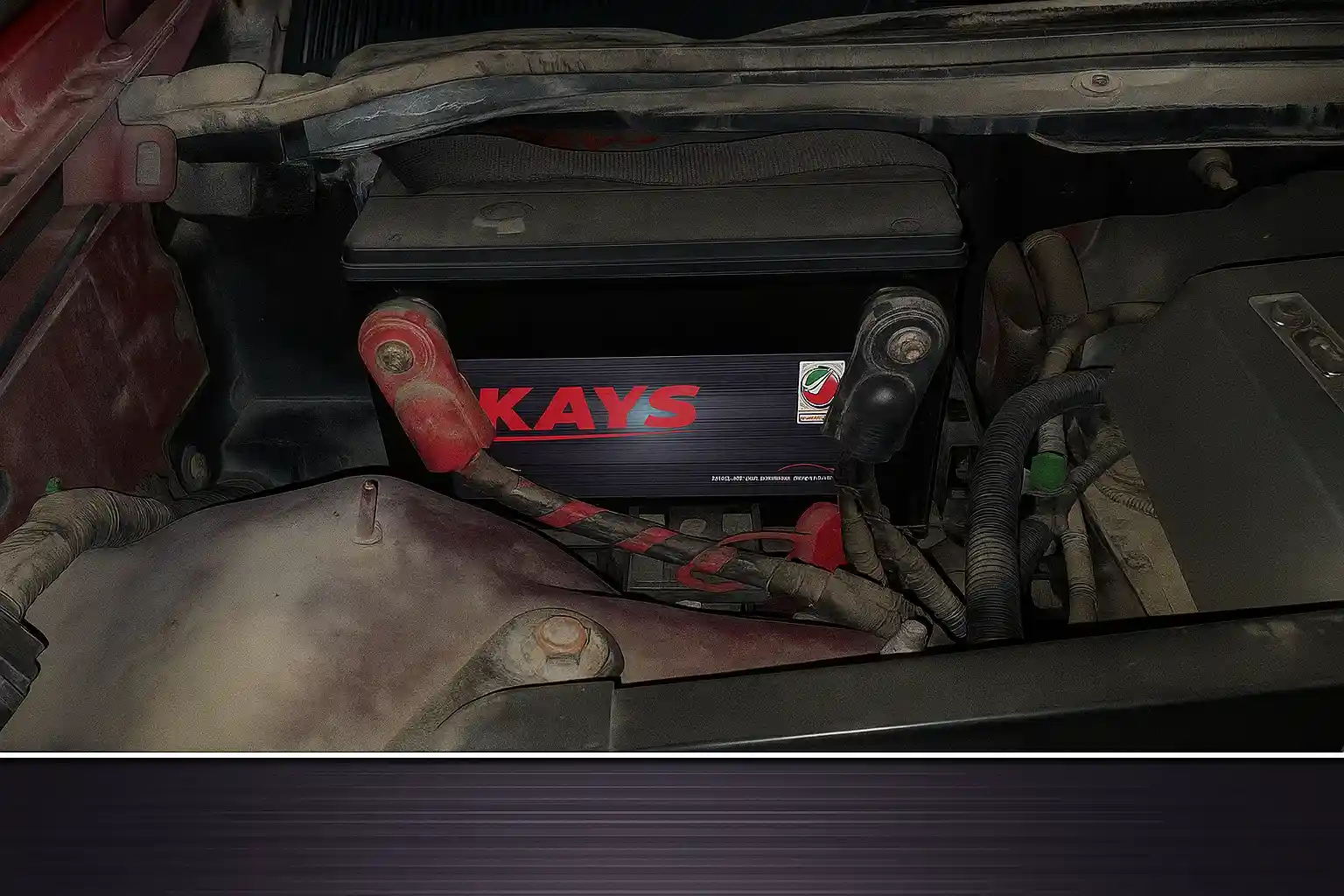 Kays battery with red branding in the engine bay of a car