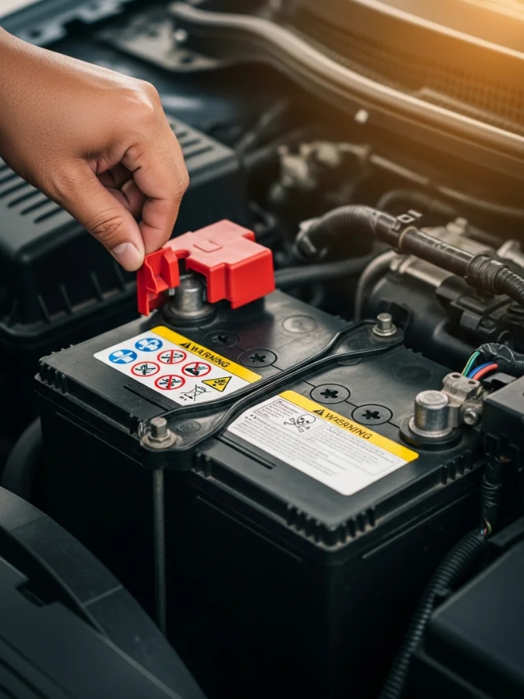 Hand lifting the red terminal cover on a black car battery with warning labels