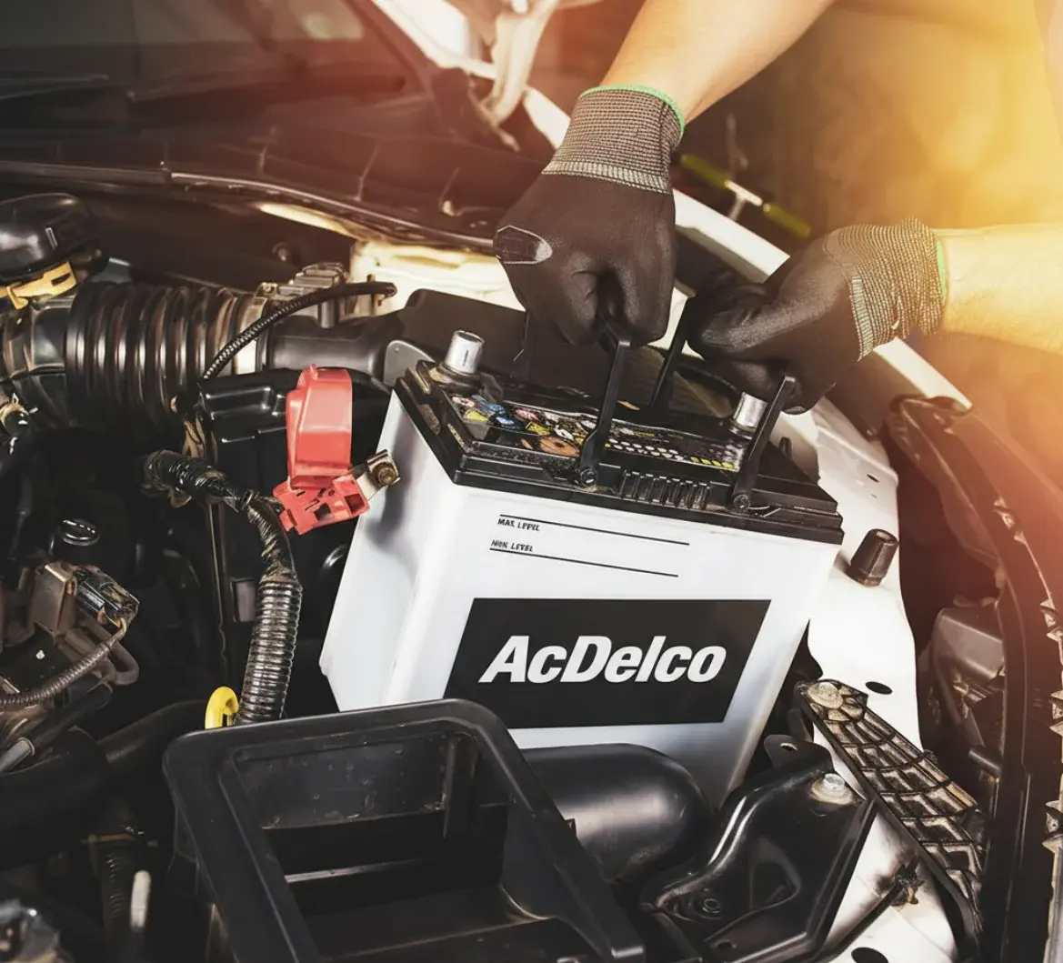 Gloved hands lowering a new ACDelco battery into a car's engine bay