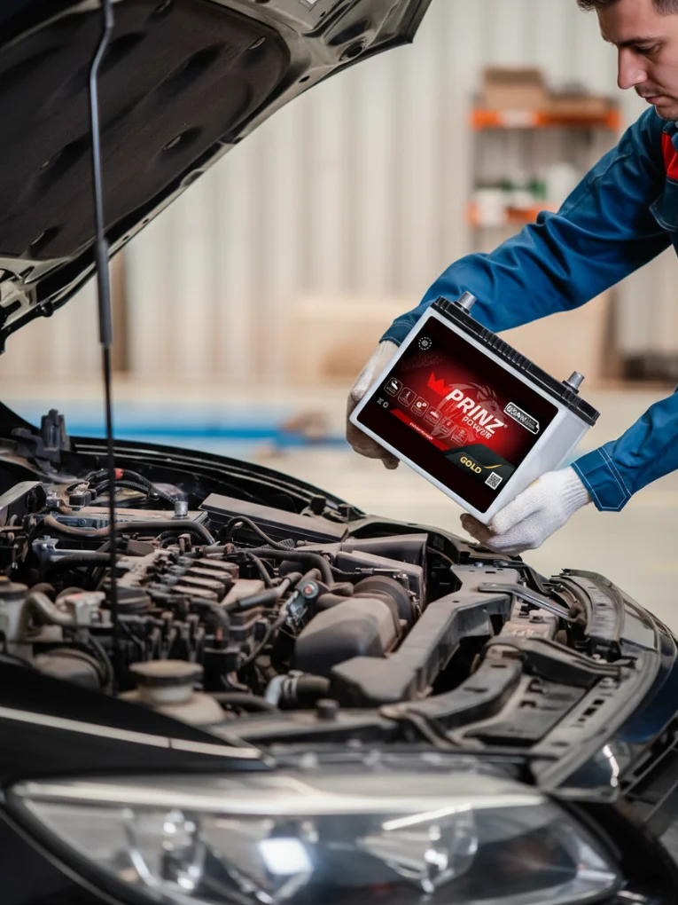 Technician lowering a Prinz Power battery into an engine bay