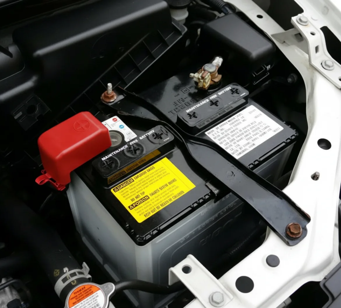 Battery with a yellow warning label, held by a bar, positive terminal under a red cover