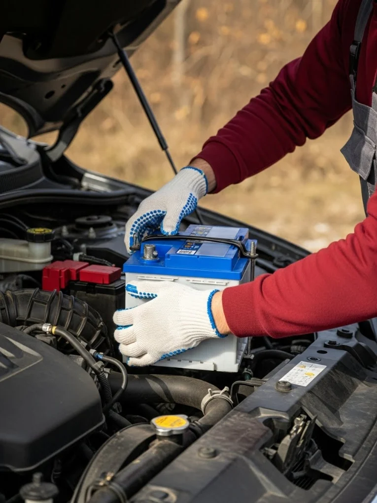 Gloved hands lifting a blue-topped battery out of a car's engine bay