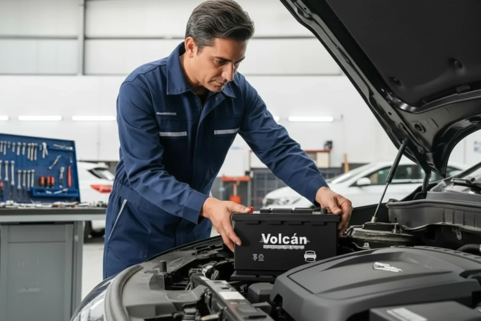 Technician lifting a Volcan battery into a car's engine bay in a workshop