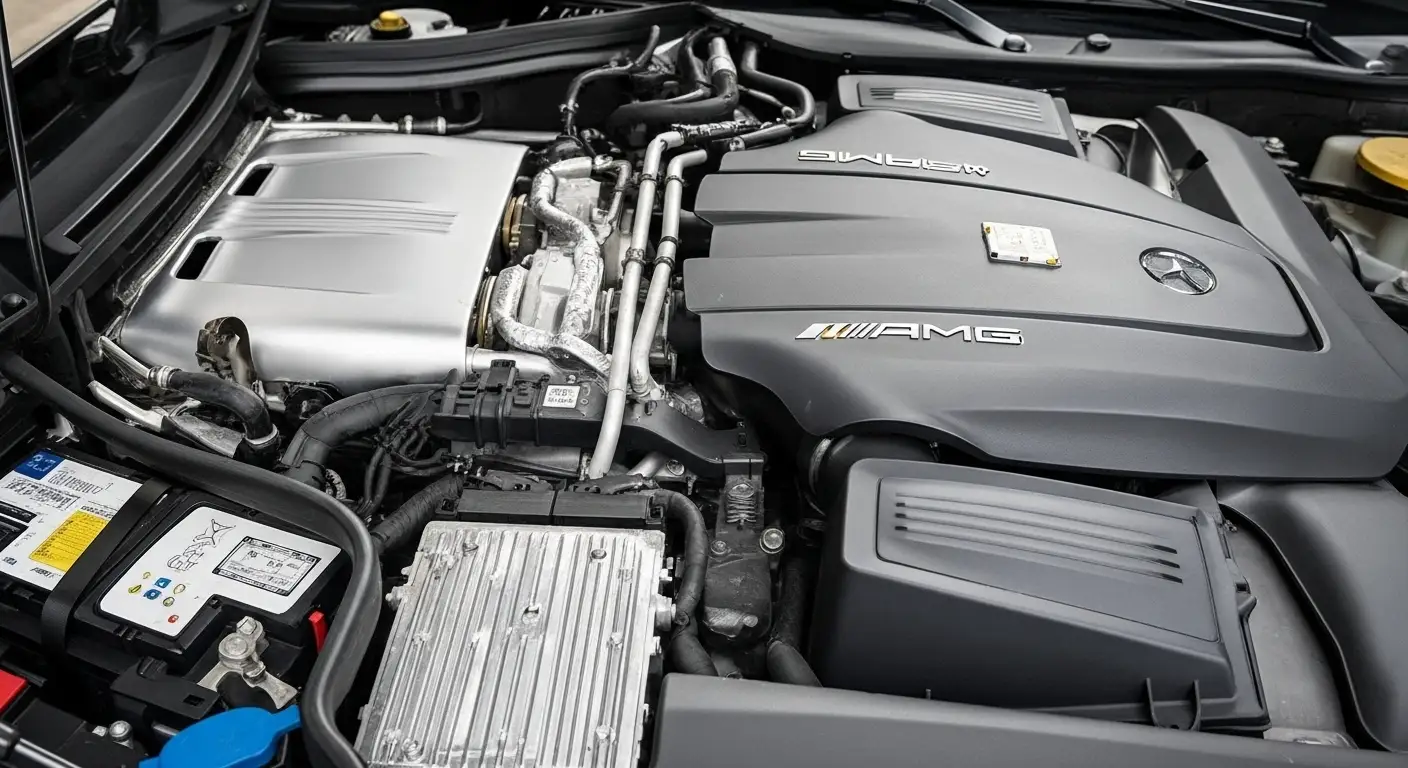 Mercedes-AMG engine bay with the battery beside the engine cover
