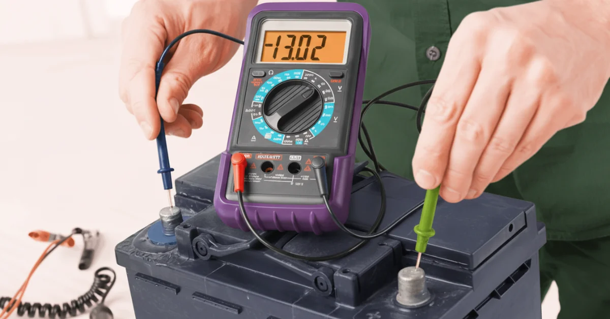 Multimeter probes on a car battery's terminals, checking its voltage