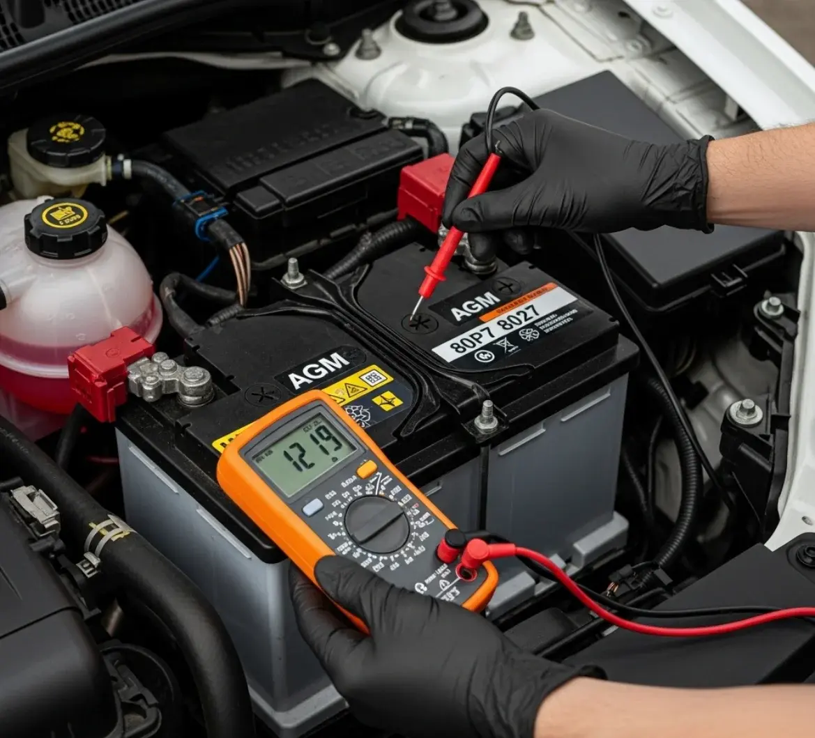 Multimeter reading 12.19 volts across the terminals of a car battery