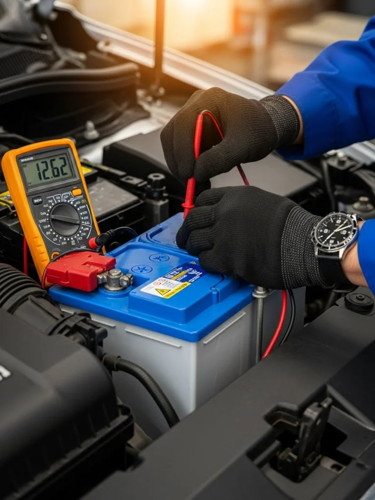 Multimeter probes on a blue battery's terminals, reading its voltage